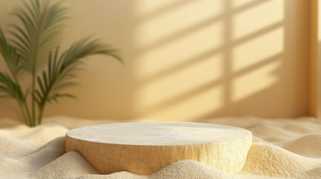 Podium in the beige sand background. Studio podium for product advertising. Stage stand. Blank podium. Display platformの素材