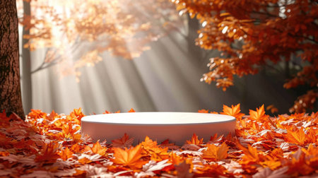 Podium in the Autumn with foliage background. Studio podium for product advertising. Stage stand. Blank podium. Display platformの素材