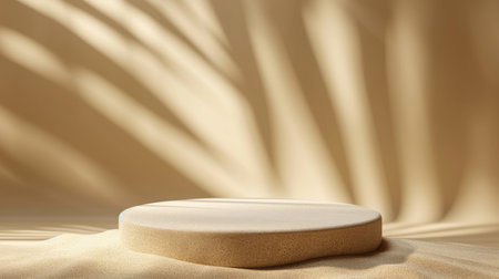 Podium in the beige sand background. Studio podium for product advertising. Stage stand. Blank podium. Display platformの素材