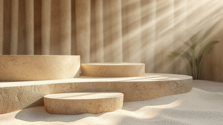 Podium stone in the beige sand background. Studio podium for product advertising. Stage stand. Blank podium. Display platformの素材