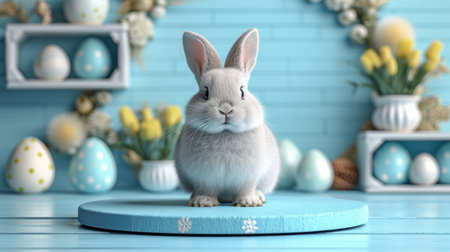 Podium in the Easter rabbit, bunny background. Studio podium for product advertising. Stage stand. Blank podium. Display platformの素材