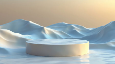 Podium stone in the beige sand background. Studio podium for product advertising. Stage stand. Blank podium. Display platformの素材