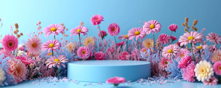Podium in the flower background. Studio podium for product advertising. Stage stand. Blank podium. Display platformの素材