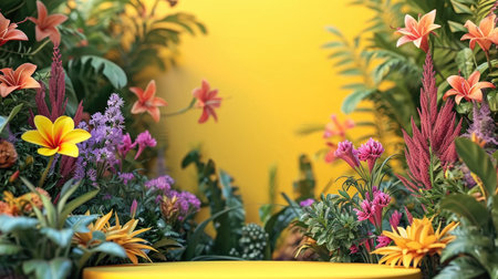 Podium in the flower background. Studio podium for product advertising. Stage stand. Blank podium. Display platformの素材