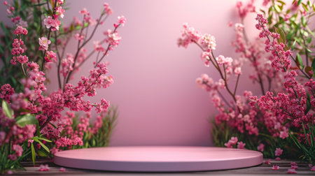 Podium in the flower background. Studio podium for product advertising. Stage stand. Blank podium. Display platformの素材