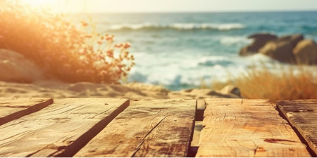 Table wood desk of free space and summer beach landscapeの素材