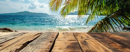 Table wood desk of free space and summer beach landscapeの素材