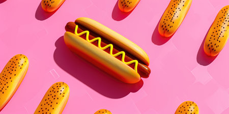 Hot dog pattern soft pale color background. Top Flat lay viewの素材