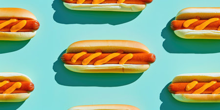 Hot dog pattern soft pale color background. Top Flat lay viewの素材