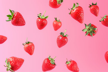 Red strawberry falling, pale soft color backgroundの素材