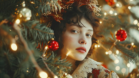an adult girl pressed against the Christmas tree at Christmas and New Year in holiday decorationsの素材