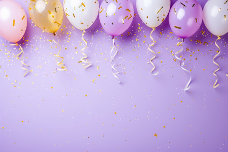Balloons with confetti. Background template design with helium balloons for Party for Birthday and anniversary celebration, carnival. weddings and valentine's day and international women's dayの素材