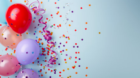 Balloons with confetti. Background template design with helium balloons for Party for Birthday and anniversary celebration, carnival. weddings and valentine's day and international women's dayの素材