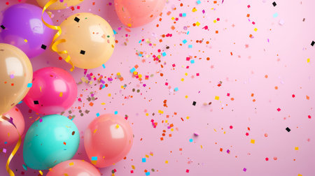 Balloons with confetti. Background template design with helium balloons for Party for Birthday and anniversary celebration, carnival. weddings and valentine's day and international women's dayの素材