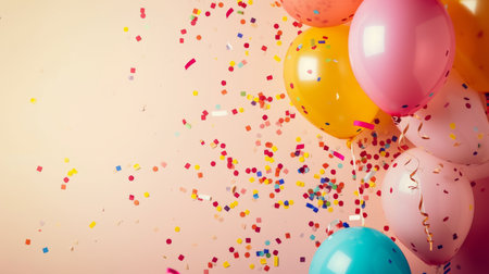 Balloons with confetti. Background template design with helium balloons for Party for Birthday and anniversary celebration, carnival. weddings and valentine's day and international women's dayの素材