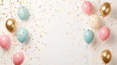Balloons with confetti. Background template design with helium balloons for Party for Birthday and anniversary celebration, carnival. weddings and valentine's day and international women's dayの素材