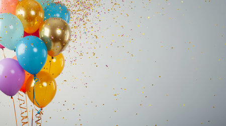 Balloons with confetti. Background template design with helium balloons for Party for Birthday and anniversary celebration, carnival. weddings and valentine's day and international women's dayの素材
