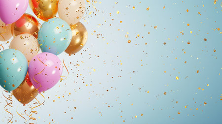 Balloons with confetti. Background template design with helium balloons for Party for Birthday and anniversary celebration, carnival. weddings and valentine's day and international women's dayの素材