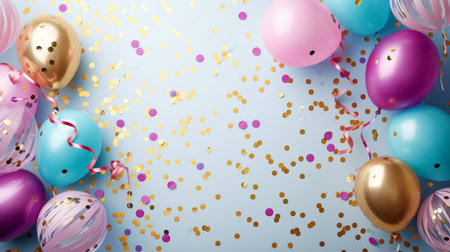 Balloons with confetti. Background template design with helium balloons for Party for Birthday and anniversary celebration, carnival. weddings and valentine's day and international women's dayの素材