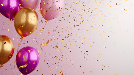 Balloons with confetti. Background template design with helium balloons for Party for Birthday and anniversary celebration, carnival. weddings and valentine's day and international women's dayの素材