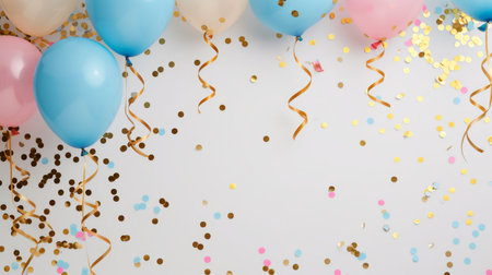Balloons with confetti. Background template design with helium balloons for Party for Birthday and anniversary celebration, carnival. weddings and valentine's day and international women's dayの素材