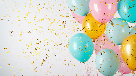 Balloons with confetti. Background template design with helium balloons for Party for Birthday and anniversary celebration, carnival. weddings and valentine's day and international women's dayの素材
