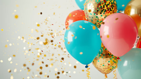 Balloons with confetti. Background template design with helium balloons for Party for Birthday and anniversary celebration, carnival. weddings and valentine's day and international women's dayの素材