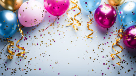 Balloons with confetti. Background template design with helium balloons for Party for Birthday and anniversary celebration, carnival. weddings and valentine's day and international women's dayの素材