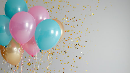 Balloons with confetti. Background template design with helium balloons for Party for Birthday and anniversary celebration, carnival. weddings and valentine's day and international women's dayの素材