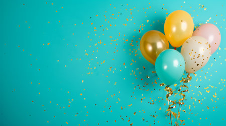 Balloons with confetti. Background template design with helium balloons for Party for Birthday and anniversary celebration, carnival. weddings and valentine's day and international women's dayの素材