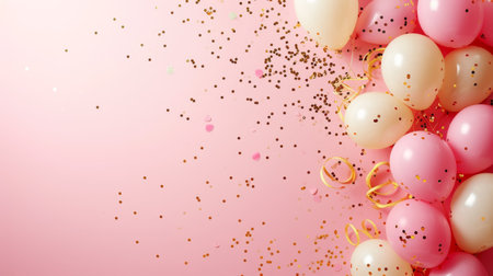 Balloons with confetti. Background template design with helium balloons for Party for Birthday and anniversary celebration, carnival. weddings and valentine's day and international women's dayの素材