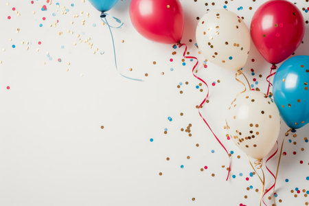 Balloons with confetti. Background template design with helium balloons for Party for Birthday and anniversary celebration, carnival. weddings and valentine's day and international women's dayの素材