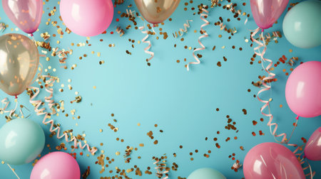 Balloons with confetti. Background template design with helium balloons for Party for Birthday and anniversary celebration, carnival. weddings and valentine's day and international women's dayの素材