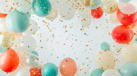Balloons with confetti. Background template design with helium balloons for Party for Birthday and anniversary celebration, carnival. weddings and valentine's day and international women's dayの素材