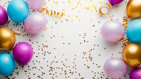 Balloons with confetti. Background template design with helium balloons for Party for Birthday and anniversary celebration, carnival. weddings and valentine's day and international women's dayの素材
