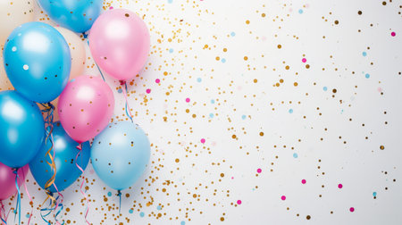 Balloons with confetti. Background template design with helium balloons for Party for Birthday and anniversary celebration, carnival. weddings and valentine's day and international women's dayの素材