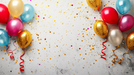 Balloons with confetti. Background template design with helium balloons for Party for Birthday and anniversary celebration, carnival. weddings and valentine's day and international women's dayの素材