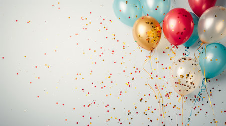 Balloons with confetti. Background template design with helium balloons for Party for Birthday and anniversary celebration, carnival. weddings and valentine's day and international women's dayの素材