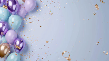 Balloons with confetti. Background template design with helium balloons for Party for Birthday and anniversary celebration, carnival. weddings and valentine's day and international women's dayの素材