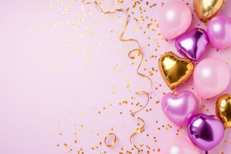 Balloons with confetti. Background template design with helium balloons for Party for Birthday and anniversary celebration, carnival. weddings and valentine's day and international women's dayの素材