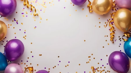 Balloons with confetti. Background template design with helium balloons for Party for Birthday and anniversary celebration, carnival. weddings and valentine's day and international women's dayの素材