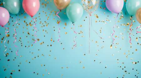 Balloons with confetti. Background template design with helium balloons for Party for Birthday and anniversary celebration, carnival. weddings and valentine's day and international women's dayの素材