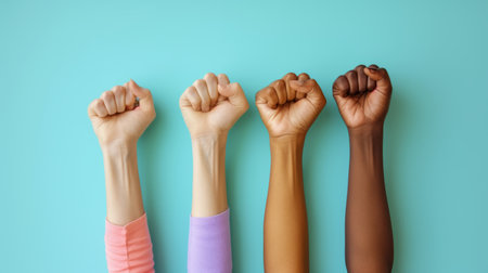 International Women's Day symbol of love and diversity - people's hands raised with clenched fists. Human rights, feminism, equalityの素材