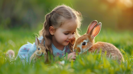 Festive Easter happy little girl smiling lies on green lawn grass and hugs and plays with rabbit. easter holiday backgroundの素材