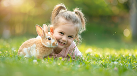 Festive Easter happy little girl smiling lies on green lawn grass and hugs and plays with rabbit. easter holiday backgroundの素材