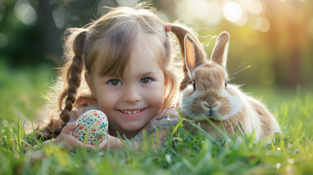 Festive Easter happy little girl smiling lies on green lawn grass and hugs and plays with rabbit. easter holiday backgroundの素材
