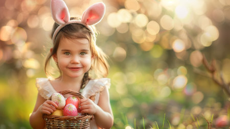 Festive Easter happy little girl smiling holding a basket with Easter eggs on a background of green meadow grassの素材