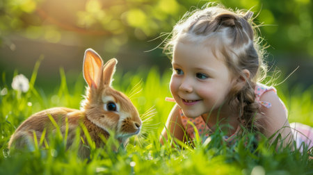 Festive Easter happy little girl smiling lies on green lawn grass and hugs and plays with rabbit. easter holiday backgroundの素材