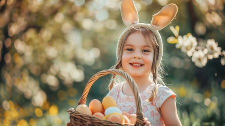 Festive Easter happy little girl smiling holding a basket with Easter eggs on a background of green meadow grassの素材