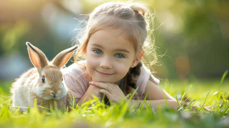 Festive Easter happy little girl smiling lies on green lawn grass and hugs and plays with rabbit. easter holiday backgroundの素材